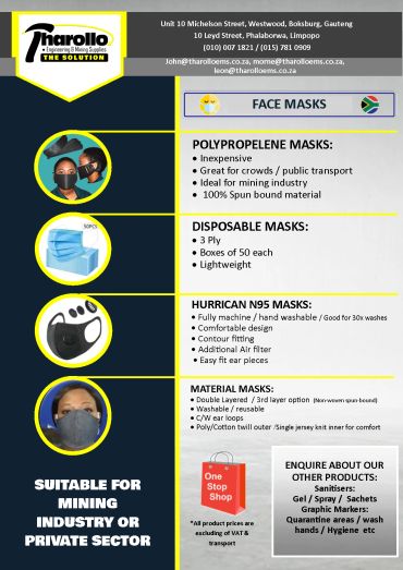 Advertisement for various types of face masks suitable for mining and private sectors.