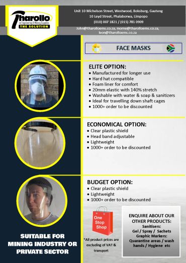 Advertisement for face masks with options for mining or private sector use.
