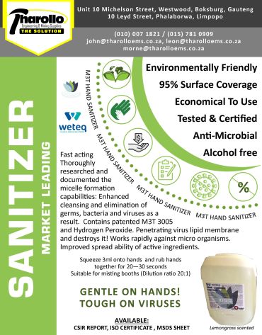 Advertisement for Tharollo M3T Hand Sanitizer highlighting its features and benefits.