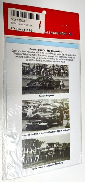 1/24 scale waterslide decals. Curtis Turner 1950 Olds