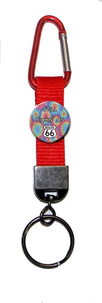 Carabiner Keyring with Psychedelic Route 66 button and patriotic polyester webbing strap