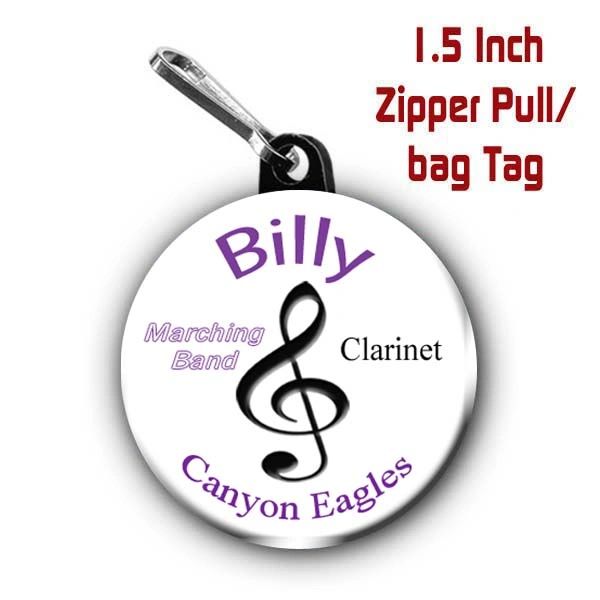 Personalized marching band button with name, instrument played CH497