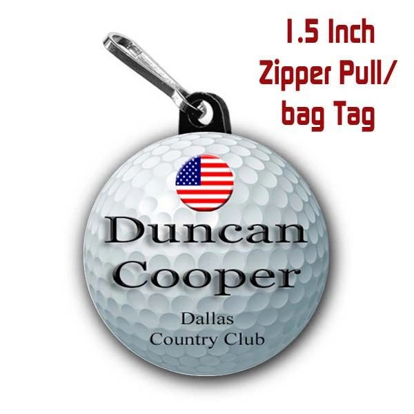 Golf zipper pull, pin, or magnet personalized with name,city/state or club name CH485