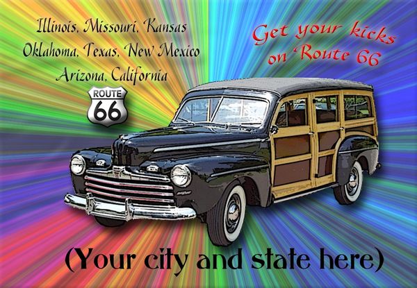 Route 66 fridge magnet personalized with city/state name of choice