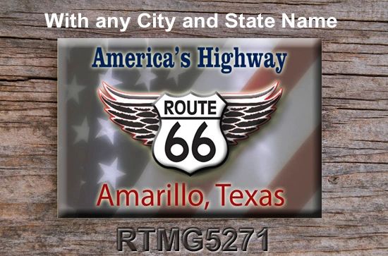 Route 66 fridge magnet with Patriotic Background and City/State name of choice
