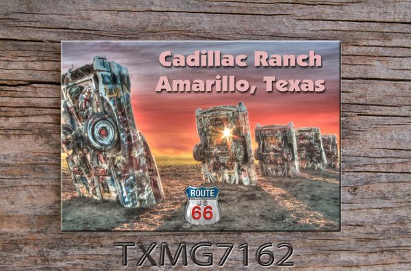 Route 66 fridge magnet featuring the world famous Cadillac Ranch