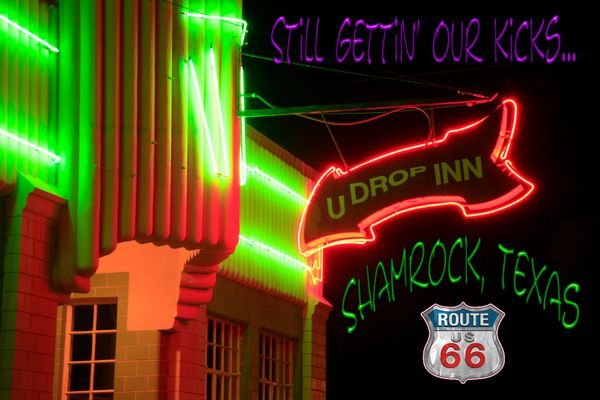 Route 66 fridge magnet featuring U Drop Inn Shamrock, TX