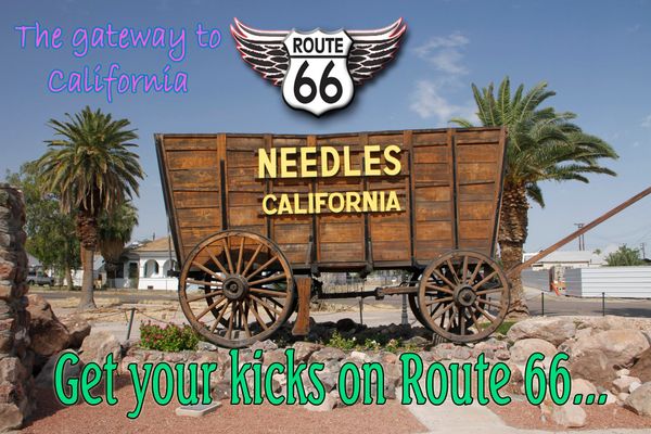 Route 66 fridge magnet featuring display in Needles, CA