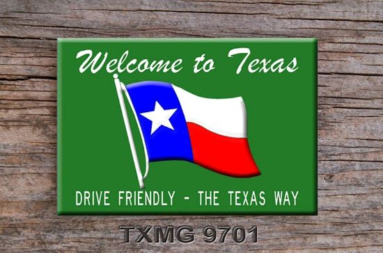 Texas Fridge Magnet with graphics of Texas state line sign
