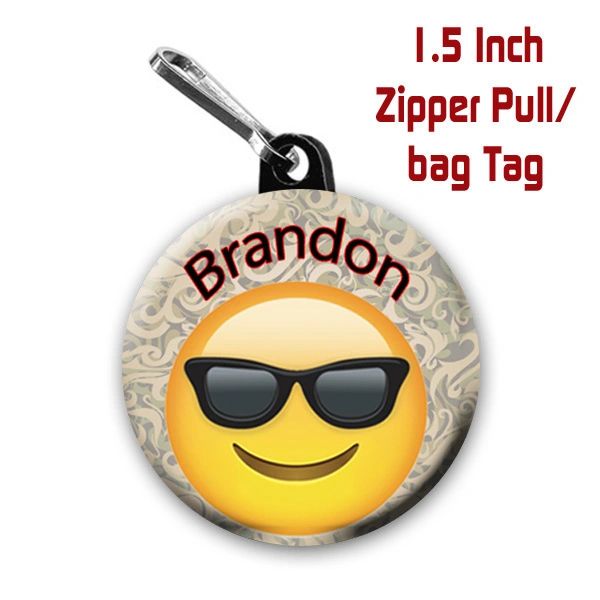 Personalized 1.5 Inch Cool Emoji Zipper Pull/Bag Tag with Name
