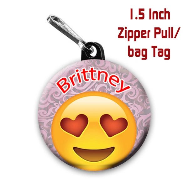 Personalized 1.5 Inch Love Emoji Zipper Pull/Bag Tag with Name