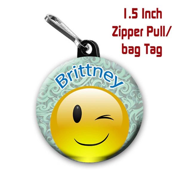 Personalized 1.5 Inch winking Emoji Zipper Pull/Bag Tag with Name