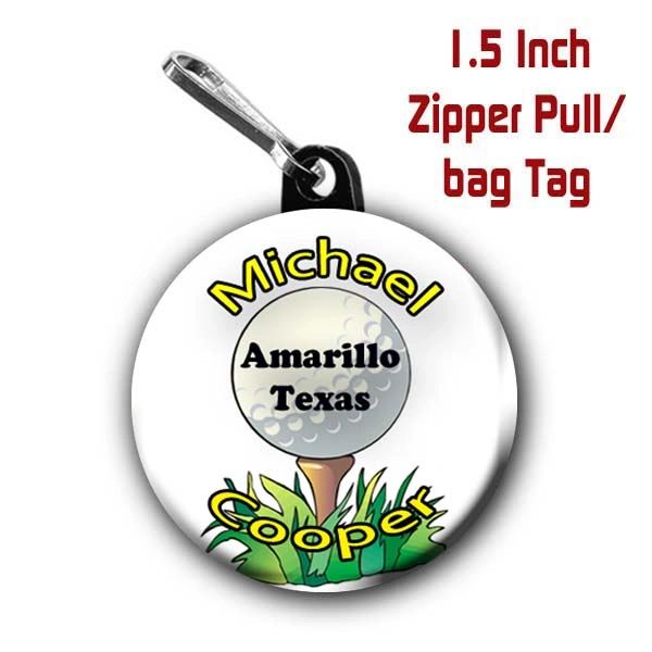 Golf zipper pull, pin, or magnet personalized with name, city/state or club CH484