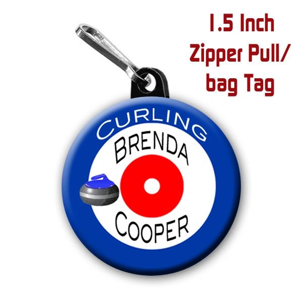 Curling zipper pull, pin, or magnet personalized with name of choice CH473