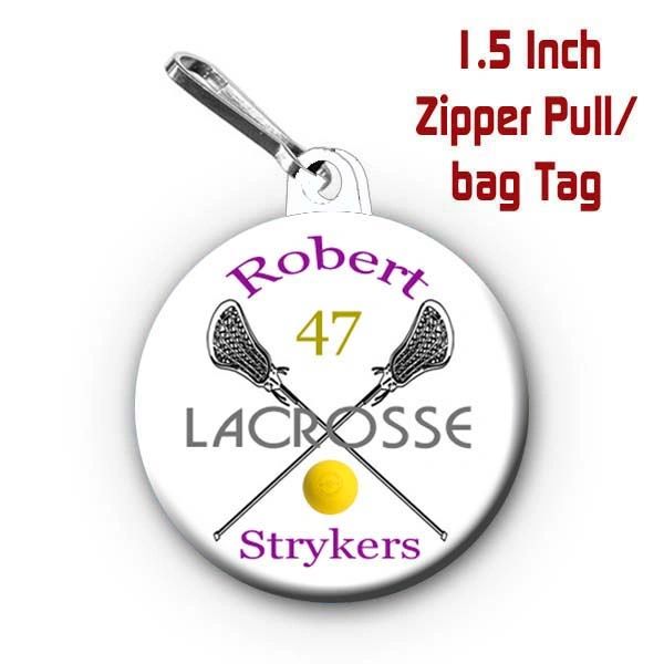 Lacrosse zipper pull, pin, or magnet personalized with name, number, team, colors CH501