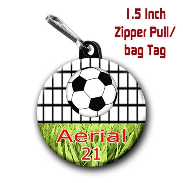 Soccer zipper pull, pin,or magnet personalized with name, number, font color CH455
