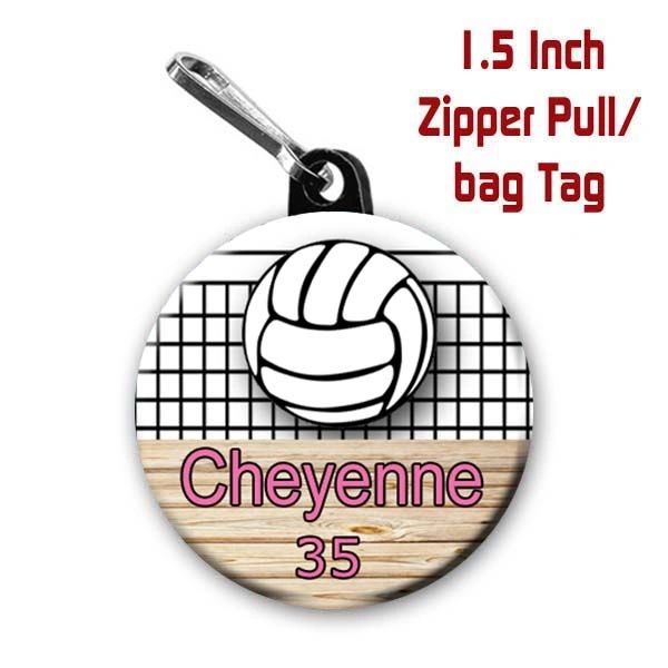 Volleyball zipper pull, pin,or magnet personalized with name with name, number, font color CH524