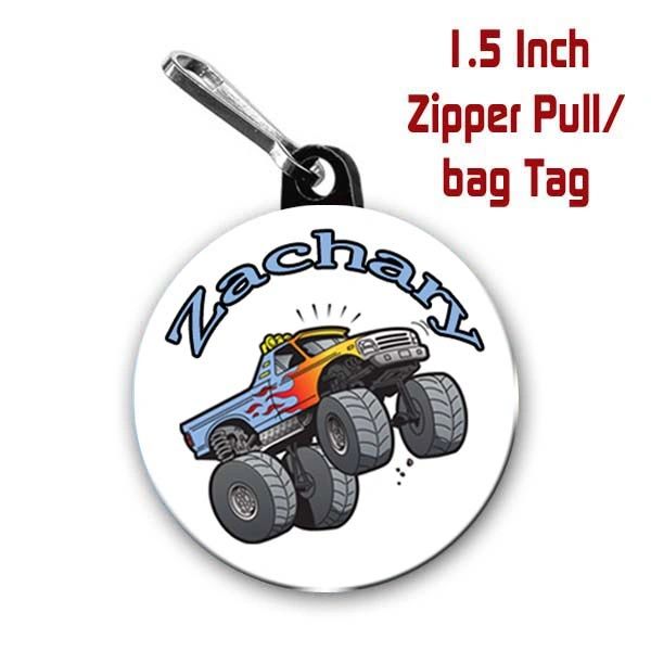 Monster truck zipper pull, pin, or magnet personalized with name of choice CH282