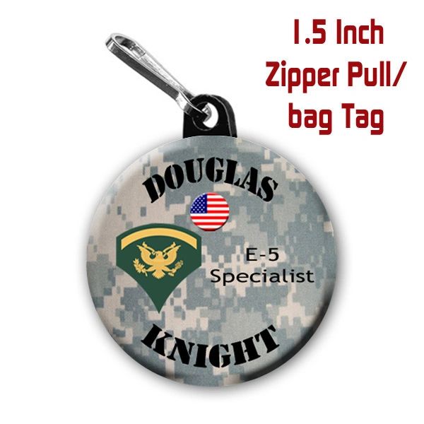 Army zipper pull, pin, or magnet personalized with name and rank CH505