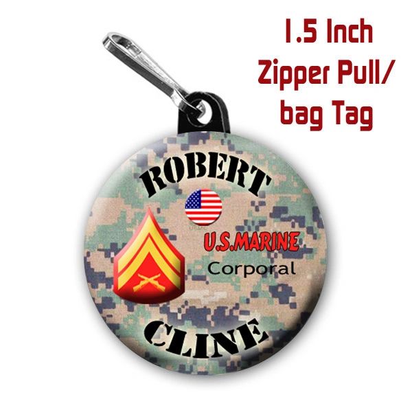 Marine zipper pull, pin, or magnet personalized with name and rank CH505MR