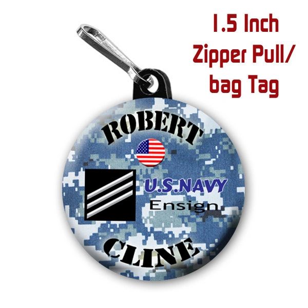Navy zipper pull, pin, or magnet personalized with name and rank CH505NV