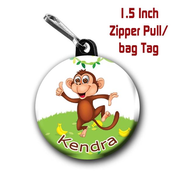Monkey zipper pull, pin, or magnet personalized with name of choice CH569