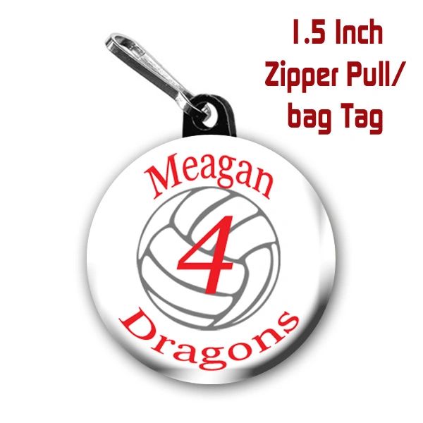 Volleyball zipper pull, pin,or magnet personalized with name, number, team name and color CH190