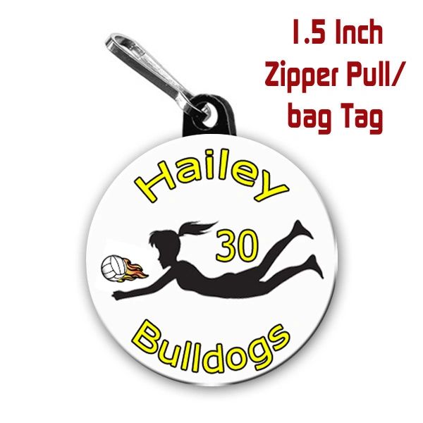 Volleyball zipper pull, pin,or magnet personalized with name, number, team name and color CH190