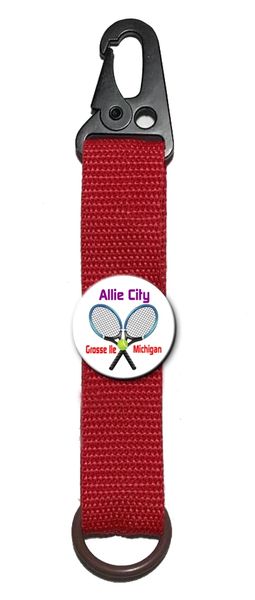 Water bottle strap with personalized tennis button