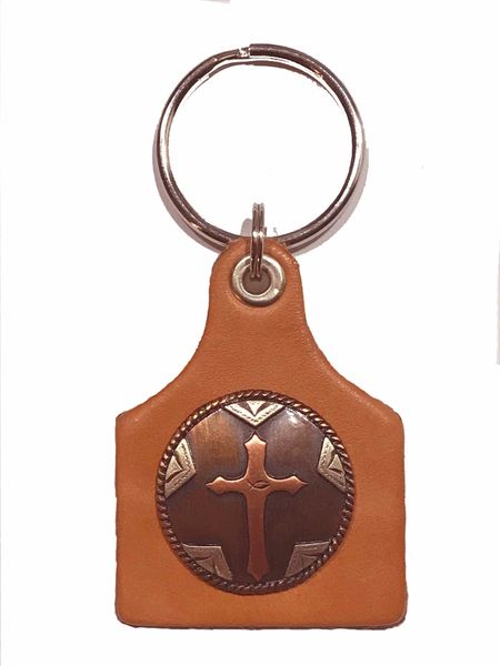 Leather Key Ring with a Copper Colored Cross Concho