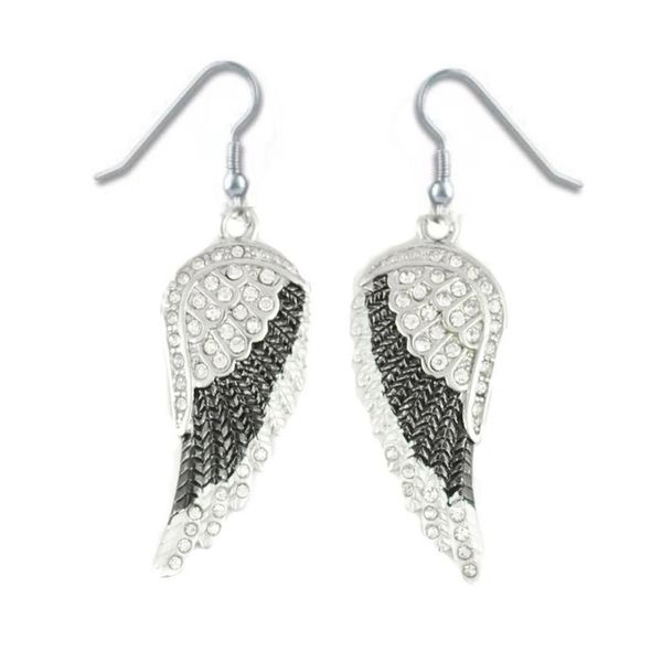 Earrings - Black Painted Wings with White Imitation Crystals