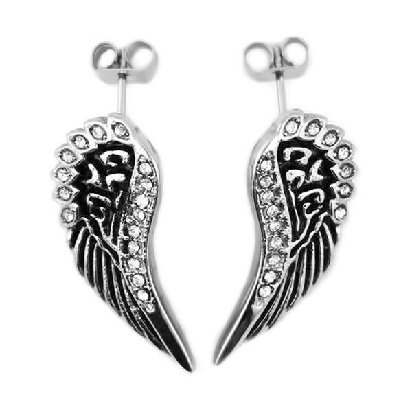 Earrings - Wing Post Earrings Black Enamel With Bling