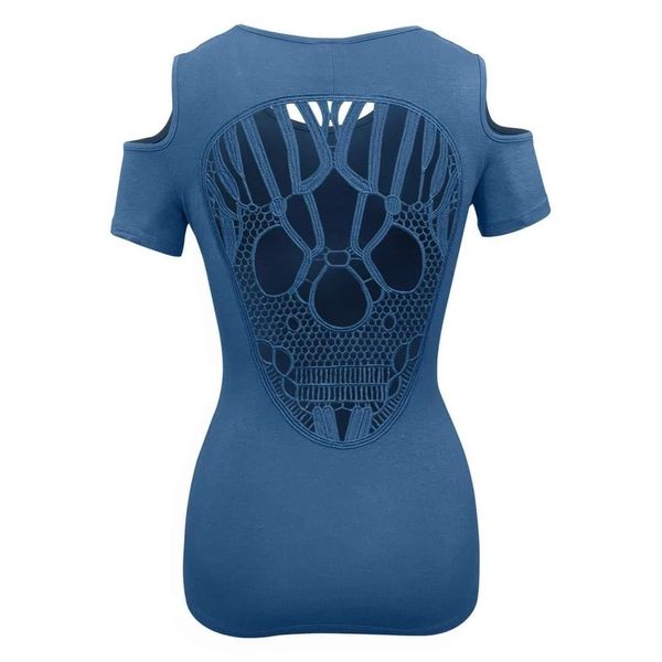 T-shirt - ladies open shoulder sugar skull blue