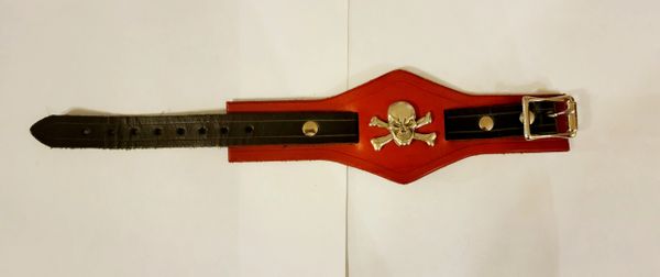 Leather wrist band- skull and crossbones red