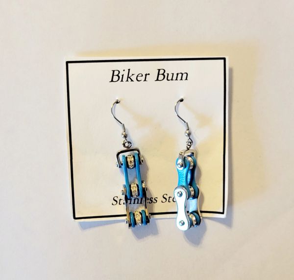 Earrings - Two tone silver and blue with Crystal Centers Bike Chain