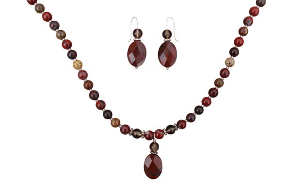 Apple Jasper & Smoky Quartz Necklace & Earrings Set