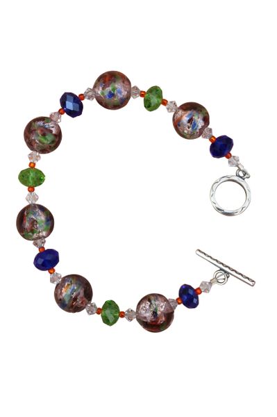 Lampworked Foil Glass & Swarovski Crystal Beaded Bracelet