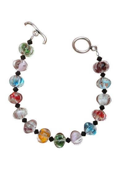 Colorful Art Glass & Black Swarovski Crystal Bracelet