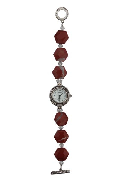 Hexagonal Red Jasper & Swarovski Crystal Watch