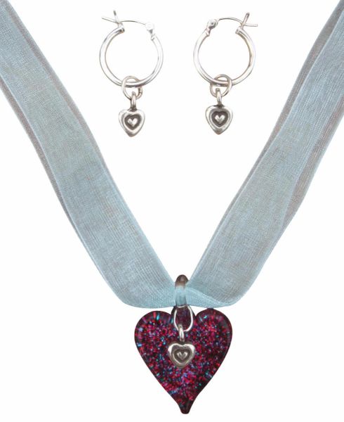 Hill Tribe Sterling Silver & Glass Heart Ribbon Necklace and Earrings Set