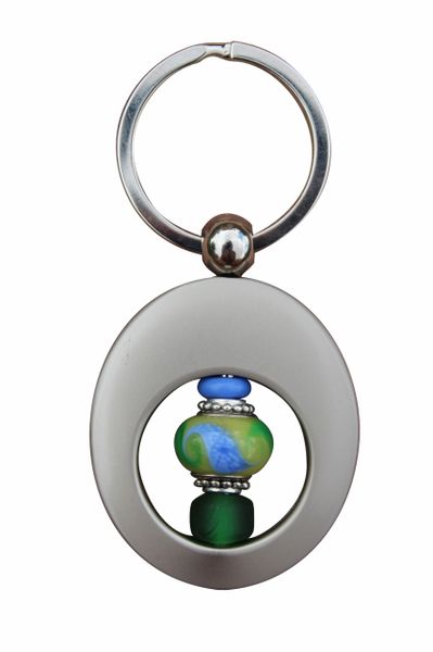 Beaded Blue & Green Lampworked Glass Key Ring