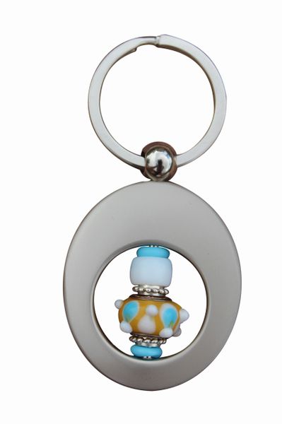 Beaded Yellow and Aqua Lampworked Glass Key Ring