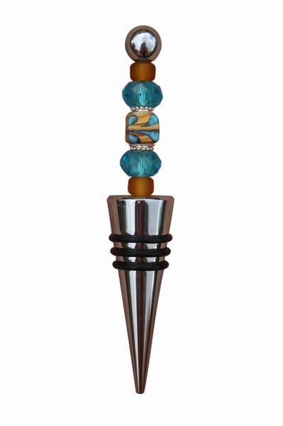 Beaded Brown & Turquoise Lampworked Glass Wine Bottle Stopper
