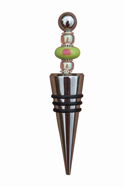 Beaded Lime Green & Pink Lampworked Glass Wine Bottle Stopper