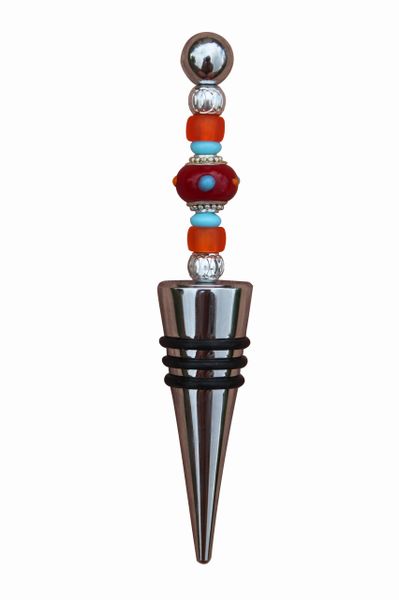 Beaded Red, Orange & Aqua Lampworked Glass Wine Bottle Stopper