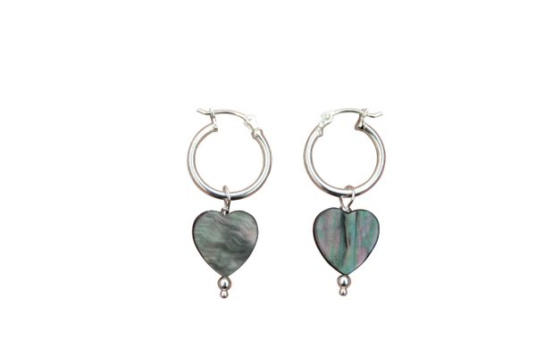 Black Shell & Sterling Silver Heart Earrings