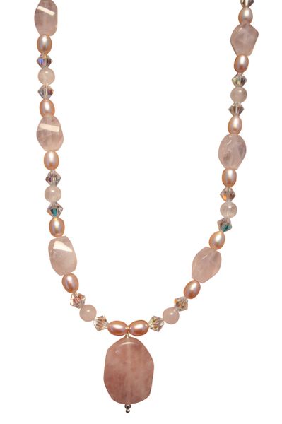 Rose Quartz, Freshwater Pearl and Swarovski Crystal Necklace