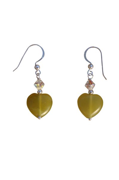 Olive Jade & Swarovski Crystal Heart Earrings