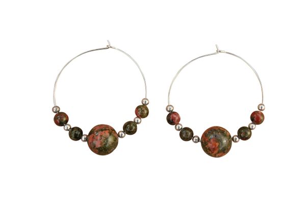 Unakite & Sterling Silver Hoop Earrings