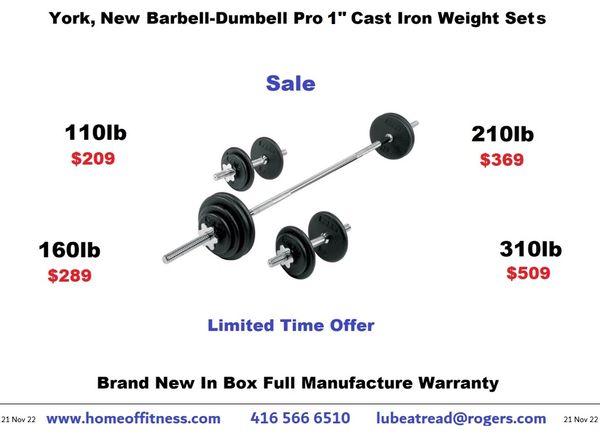YORK BARBELL PRO 1" CAST IRON SPINLOCK BARBELL / DUMBBELL SET, 110 LB - ITEM 2022, 160 LB - ITEM 2023, 210 LB - ITEM 2024, 320 LB - ITEM 2025, 4 Oct 22, Now Available